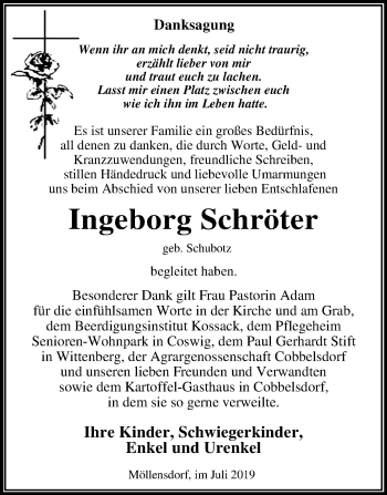 Traueranzeige von Ingeborg Schröter von Mitteldeutsche Zeitung Dessau-Roßlau