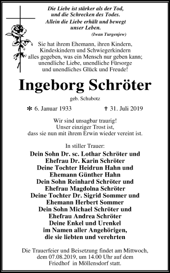 Traueranzeige von Ingeborg Schröter von Mitteldeutsche Zeitung Dessau-Roßlau / Wittenberg