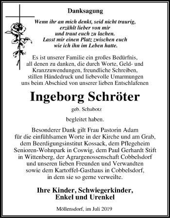 Traueranzeige von Ingeborg Schröter von Mitteldeutsche Zeitung Wittenberg
