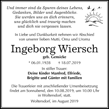 Traueranzeige von Ingeborg Wiersch von Super Sonntag Wittenberg