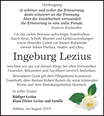 Traueranzeige von Ingeburg Lezius von Super Sonntag Köthen