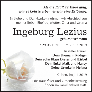 Traueranzeige von Ingeburg Lezius von Super Sonntag Köthen