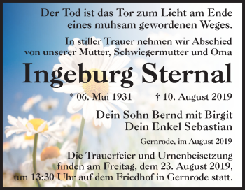 Traueranzeige von Ingeburg Sternal von Super Sonntag Quedlinburg
