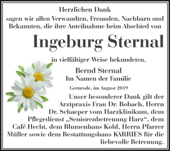 Traueranzeige von Ingeburg Sternal von Super Sonntag Quedlinburg