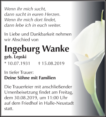 Traueranzeige von Ingeburg Wanke von Mitteldeutsche Zeitung Halle/Saalkreis