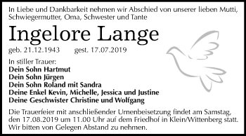 Traueranzeige von Ingelore Lange von Mitteldeutsche Zeitung Wittenberg