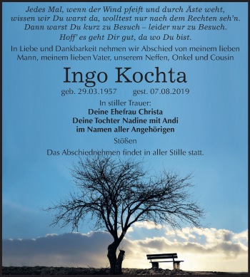 Traueranzeige von Ingo Kochta von Wochenspiegel Naumburg/Nebra