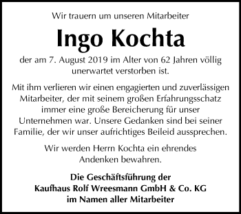 Traueranzeige von Ingo Kochta von Wochenspiegel Naumburg/Nebra