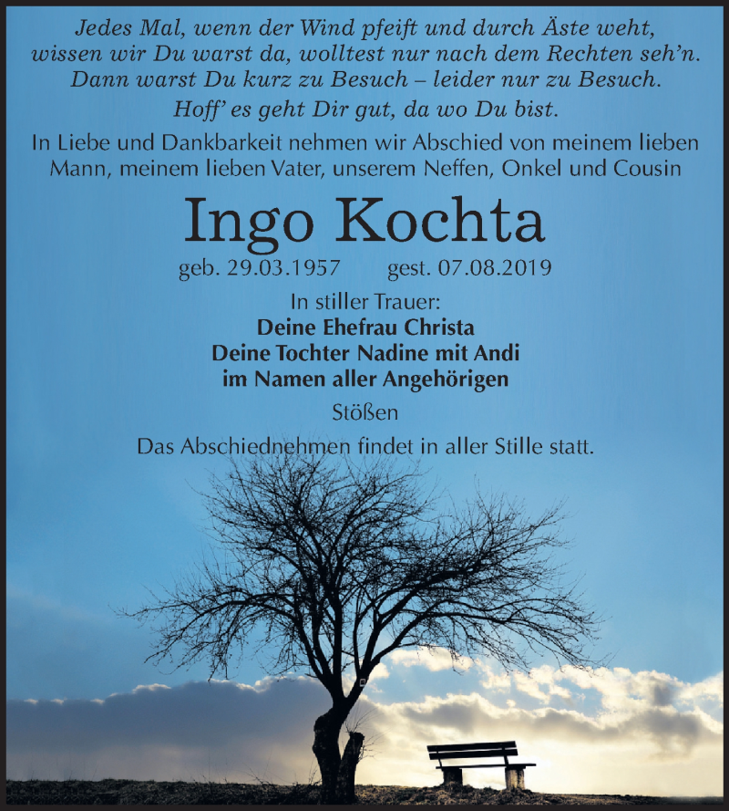  Traueranzeige für Ingo Kochta vom 14.08.2019 aus Wochenspiegel Naumburg/Nebra
