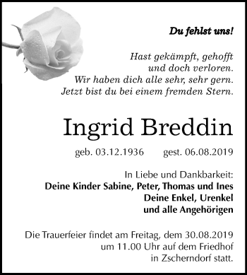 Traueranzeige von Ingrid Breddin von Mitteldeutsche Zeitung Bitterfeld