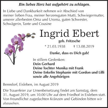 Traueranzeige von Ingrid Ebert von Super Sonntag Mansfelder Land