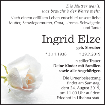 Traueranzeige von Ingrid Elze von Super Sonntag Köthen