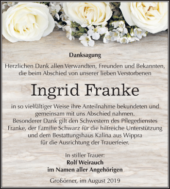 Traueranzeige von Ingrid Franke von Mitteldeutsche Zeitung Mansfelder Land