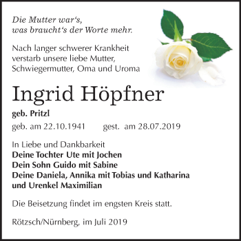 Traueranzeige von Ingrid Höpfner von Mitteldeutsche Zeitung Wittenberg