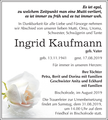 Traueranzeige von Ingrid Kaufmann von Mitteldeutsche Zeitung Mansfelder Land
