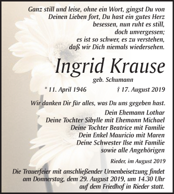 Traueranzeige von Ingrid Krause von Mitteldeutsche Zeitung Quedlinburg