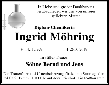 Traueranzeige von Ingrid Möhring von Mitteldeutsche Zeitung Dessau-Roßlau