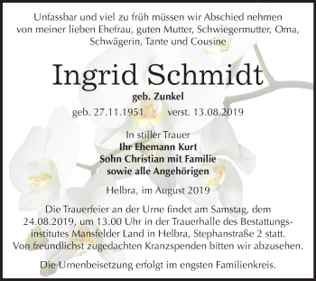 Traueranzeige von Ingrid Schmidt von Mitteldeutsche Zeitung Mansfelder Land