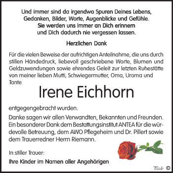 Traueranzeige von Irene Eichhorn von Wochenspiegel Weißenfels
