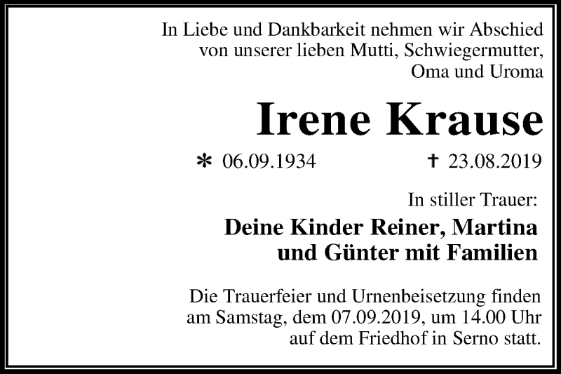  Traueranzeige für Irene Krause vom 31.08.2019 aus Super Sonntag Dessau-Roßlau