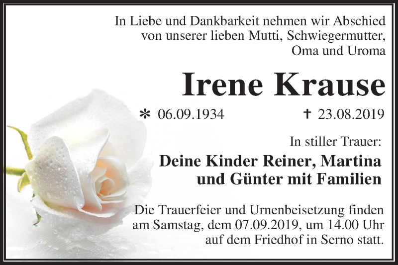  Traueranzeige für Irene Krause vom 31.08.2019 aus Super Sonntag Wittenberg