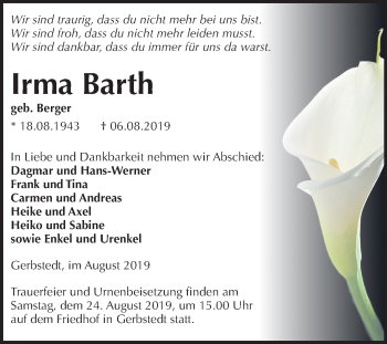Traueranzeige von Irma Barth von Mitteldeutsche Zeitung Mansfelder Land