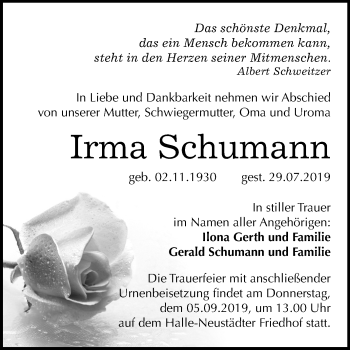 Traueranzeige von Irma Schumann von Mitteldeutsche Zeitung Halle/Saalkreis