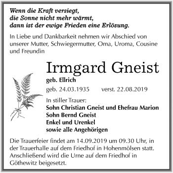 Traueranzeige von Irmgard Gneist von Mitteldeutsche Zeitung Weißenfels