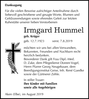 Traueranzeige von Irmgard Hummel von Mitteldeutsche Zeitung Köthen