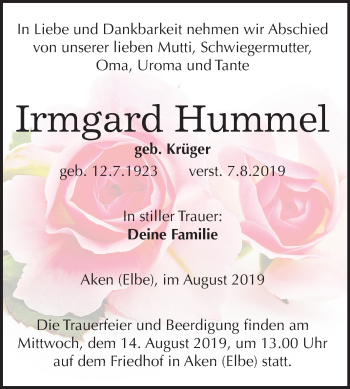 Traueranzeige von Irmgard Hummel von Mitteldeutsche Zeitung Köthen