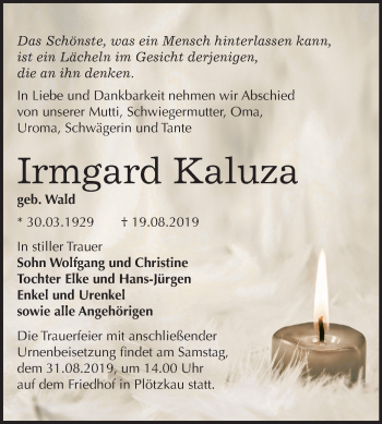 Traueranzeige von Irmgard Kaluza von Mitteldeutsche Zeitung Bernburg
