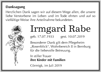 Traueranzeige von Irmgard Rabe von Super Sonntag Bernburg