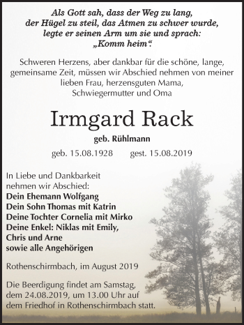 Traueranzeige von Irmgard Rack von Mitteldeutsche Zeitung Mansfelder Land / Merseburg/Querfurt