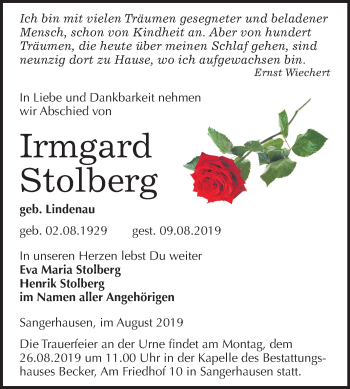 Traueranzeige von Irmgard Stolberg von Super Sonntag Sangerhausen