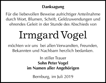 Traueranzeige von Irmgard Vogel von Super Sonntag Bernburg