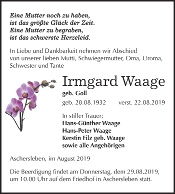 Traueranzeige von Irmgard Waage von Mitteldeutsche Zeitung Aschersleben