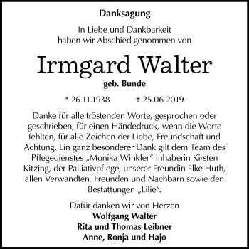 Traueranzeige von Irmgard Walter von Mitteldeutsche Zeitung Dessau-Roßlau