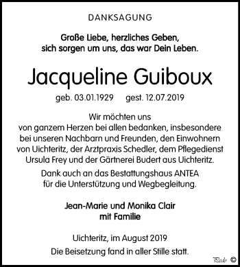 Traueranzeige von Jacqueline Guiboux von Mitteldeutsche Zeitung Weißenfels