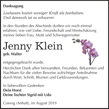 Traueranzeige von Jenny Klein von Super Sonntag Wittenberg