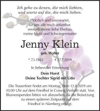Traueranzeige von Jenny Klein von Super Sonntag Wittenberg