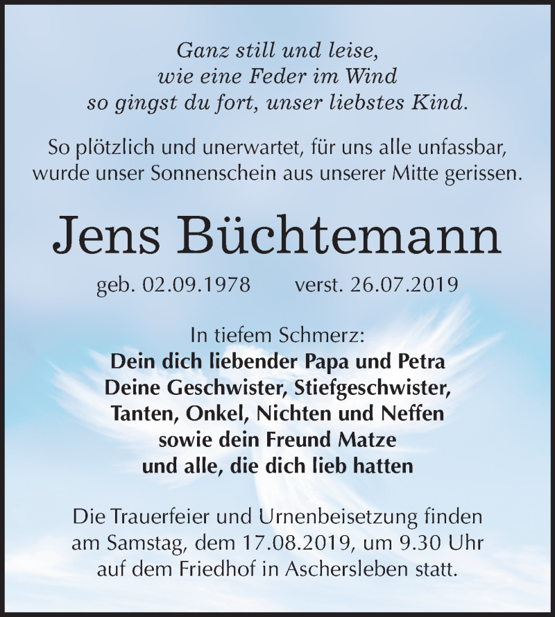  Traueranzeige für Jens Büchtemann vom 03.08.2019 aus Super Sonntag Aschersleben