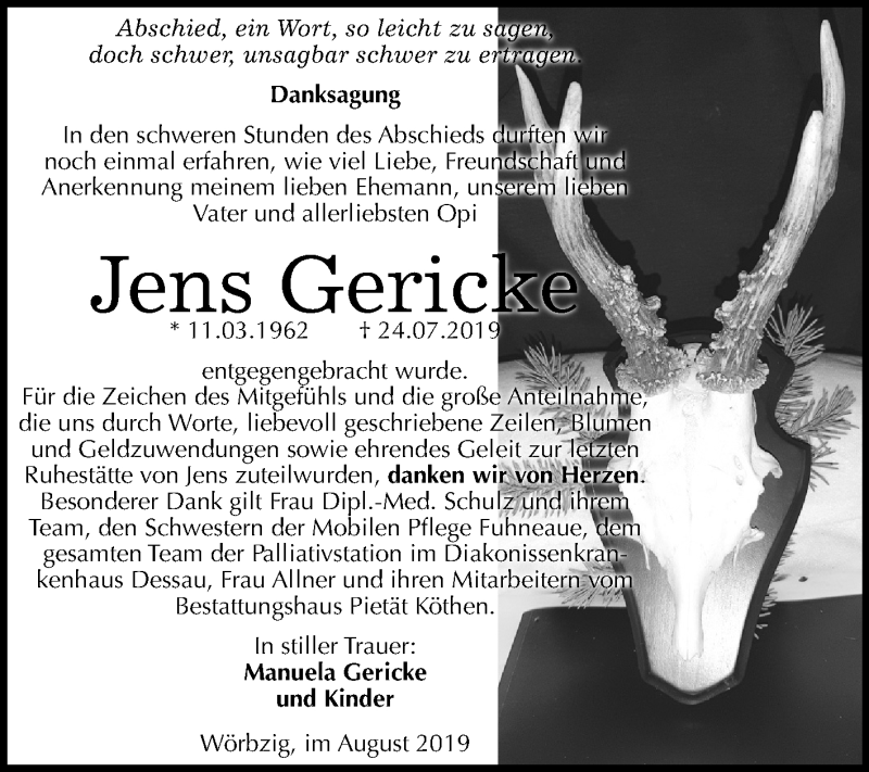  Traueranzeige für Jens Gericke vom 24.08.2019 aus Super Sonntag Köthen