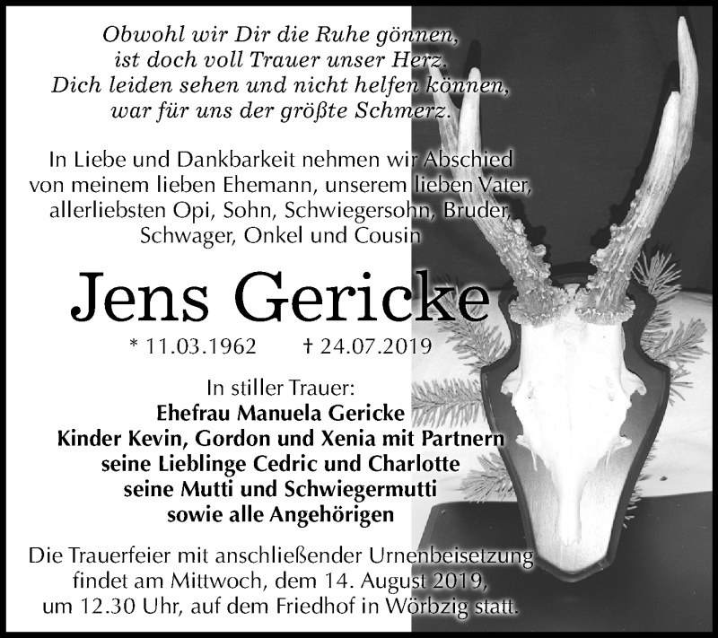  Traueranzeige für Jens Gericke vom 03.08.2019 aus Super Sonntag Köthen