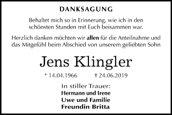 Traueranzeige von Jens Klingler von Mitteldeutsche Zeitung Bitterfeld