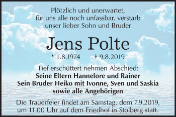 Traueranzeige von Jens Polte von Mitteldeutsche Zeitung Sangerhausen