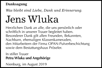 Traueranzeige von Jens Wluka von Mitteldeutsche Zeitung Bernburg