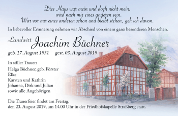 Traueranzeige von Joachim Büchner von Wochenspiegel Quedlinburg