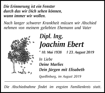 Traueranzeige von Joachim Ebert von Mitteldeutsche Zeitung Quedlinburg