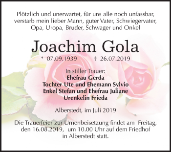 Traueranzeige von Joachim Gola von Mitteldeutsche Zeitung Merseburg/Querfurt