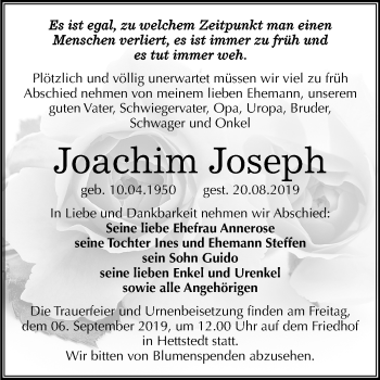 Traueranzeige von Joachim Joseph von Mitteldeutsche Zeitung Mansfelder Land